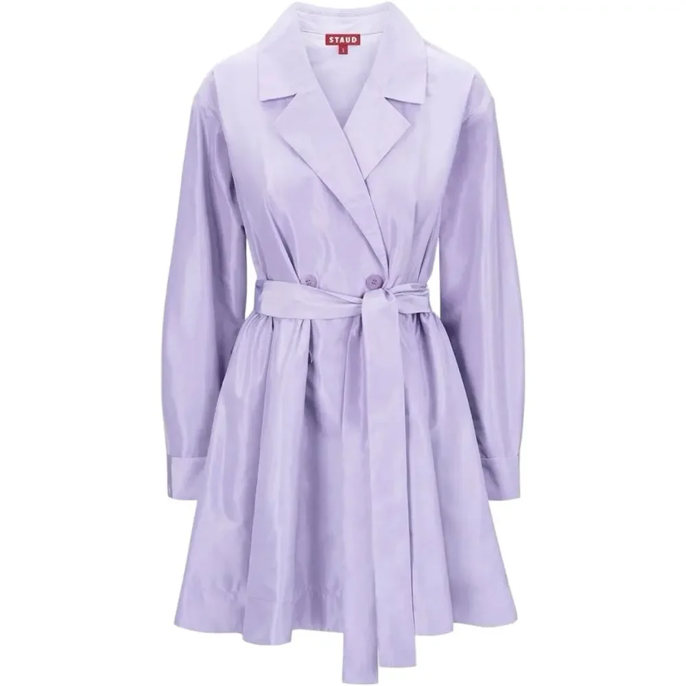 STAUD Rina Trench Coat Lilac Lavender Purple Tie Belt Mini Dress Size M NEW Tags - Picture 2 of 14